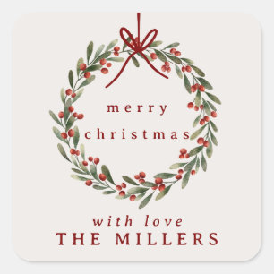 Christmas foliage wreath with red bow  square sticker