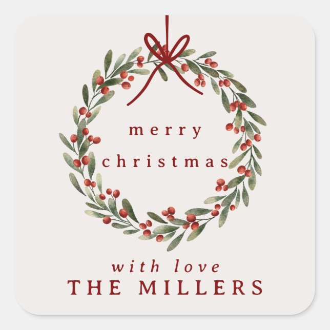 Christmas foliage wreath with red bow  square sticker (Front)