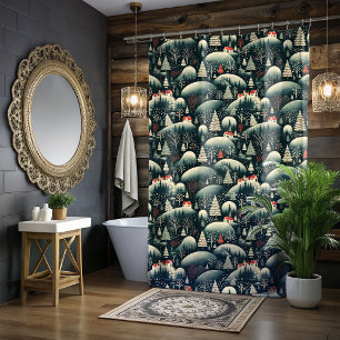 Christmas Folk Art Black Shower Curtain