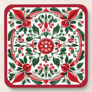 Christmas Folk-art red and green coaster