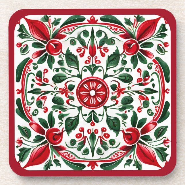 Christmas Folk-art red and green coaster (Front)