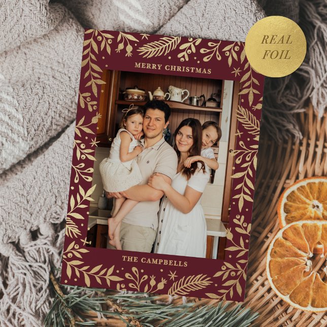Christmas Folk Floral Photo Merlot Gold Foil Holiday Card (Creator Uploaded)