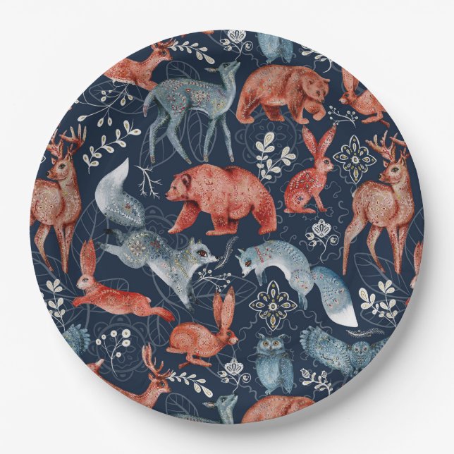 Christmas Folk Magic Animal Botanicals Paper Plate (Front)