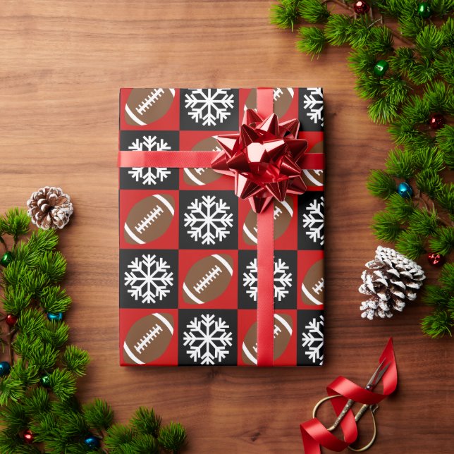 Christmas Football and Snowflake Red and Black Wrapping Paper (Holiday Gift)