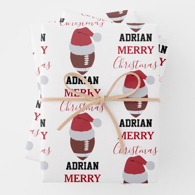 Christmas Football Gridiron Ball Custom Name Wrapping Paper Sheet (In situ)