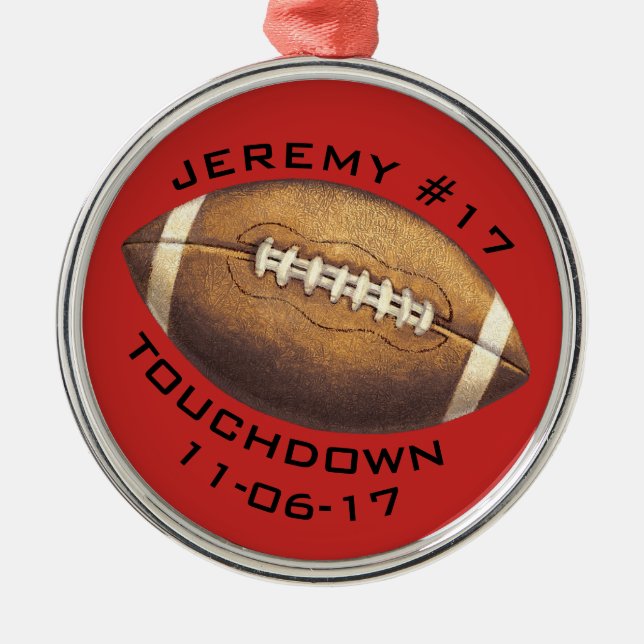 Christmas Football Red Touchdown Sports Typography Metal Ornament (Front)