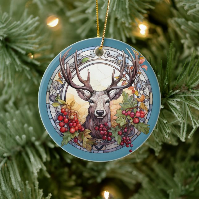Christmas For Dad Deer Head Antlers Red Blue Ceramic Ornament (Tree)