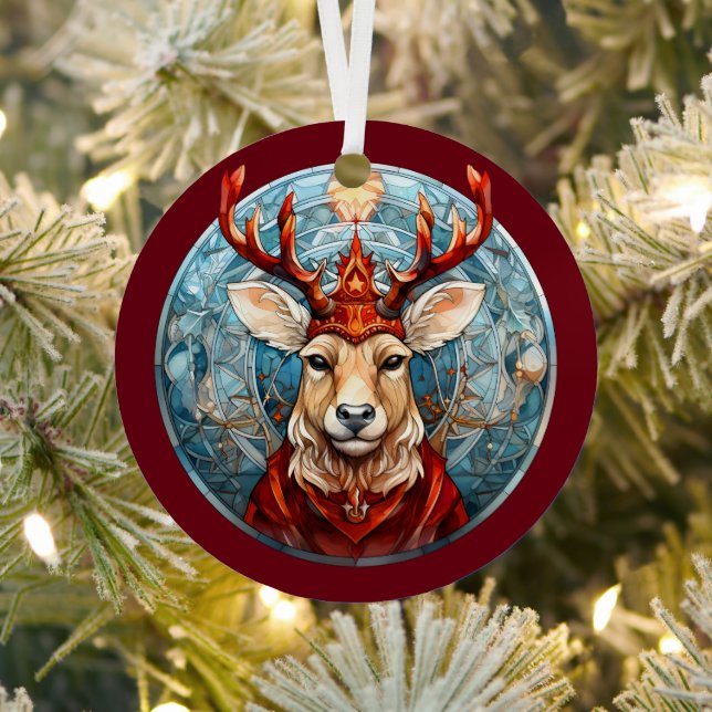 Christmas For Dad Deer Head Antlers Red Blue Metal Ornament (Insitu)