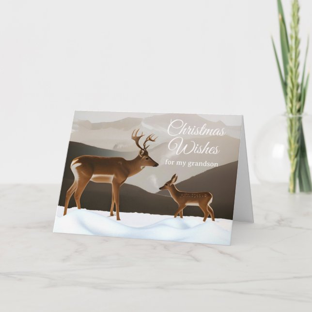 Christmas for Grandson Deer in a Winter Landscape Card (Front)