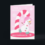 Christmas for Great Granddaughter Snowman Holiday Card<br><div class="desc">Send a special great granddaughter a fun and colourful Christmas card featuring a happy ice skating snowman with a colourful candy cane and snowflakes on a light pink background. Snowman courtesy of Pretty Grafik.</div>