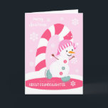 Christmas for Great Granddaughter Snowman Holiday Card<br><div class="desc">Send a special great granddaughter a fun and colourful Christmas card featuring a happy ice skating snowman with a colourful candy cane and snowflakes on a light pink background. Snowman courtesy of Pretty Grafik.</div>