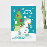 Christmas for Great Nephew Ice Skating Snowman Holiday Card<br><div class="desc">Send a special Great Nephew a fun and colourful Christmas card featuring a happy ice skating snowman with a colourful Christmas tree and snowflakes on a turquoise background. Snowman courtesy of Pretty Grafik.</div>