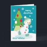 Christmas for Great Nephew Ice Skating Snowman Holiday Card<br><div class="desc">Send a special Great Nephew a fun and colourful Christmas card featuring a happy ice skating snowman with a colourful Christmas tree and snowflakes on a turquoise background. Snowman courtesy of Pretty Grafik.</div>