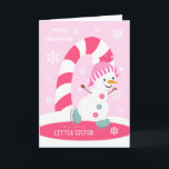Christmas for Little Sister Ice Skating Snowman Holiday Card<br><div class="desc">Send a special little sister a fun and festive pink Christmas card featuring a happy ice skating snowman with a colourful candy cane and snowflakes on a light pink background. Snowman courtesy of Pretty Grafik.</div>