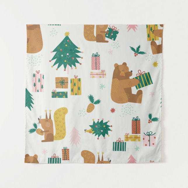 Christmas Forest Animals: Vintage Vibe Tapestry (Front)