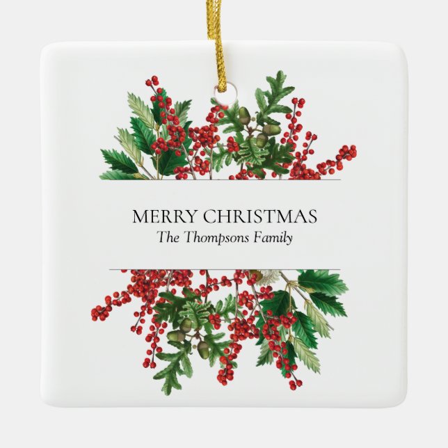 Christmas Forest Festive Berries Acorn Evergreen Ceramic Ornament (Front)