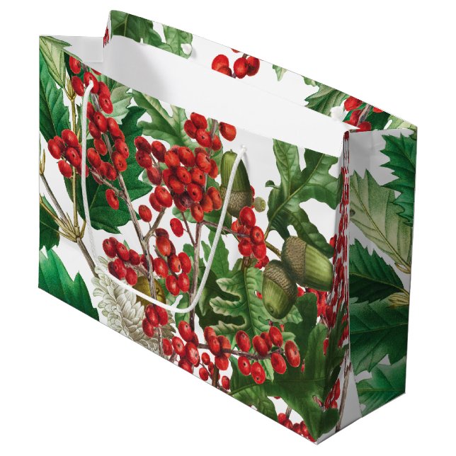 Christmas Forest Festive Berries Acorn Evergreen Large Gift Bag (Front Angled)