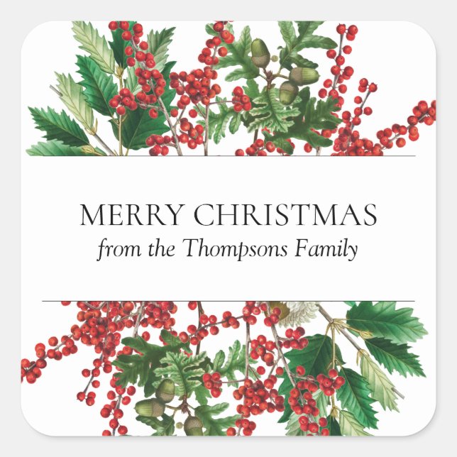 Christmas Forest Festive Berries Acorn Evergreen Square Sticker (Front)