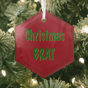 Christmas Forest Green Gold Brat On Crimson Red Glass Ornament