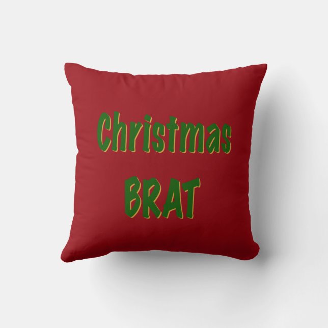 Christmas Forest Green Gold Brat On Crimson Red Throw Pillow (Back)