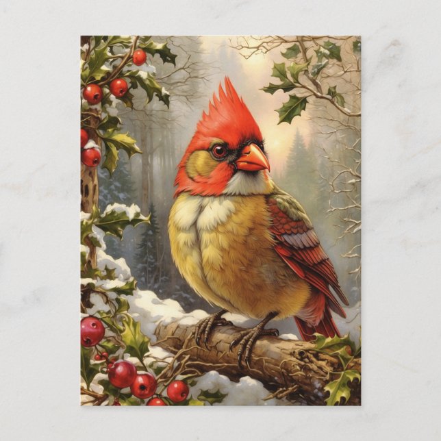 Christmas Forest with Holly Berry, Bird, Winter Holiday Postcard (Front)