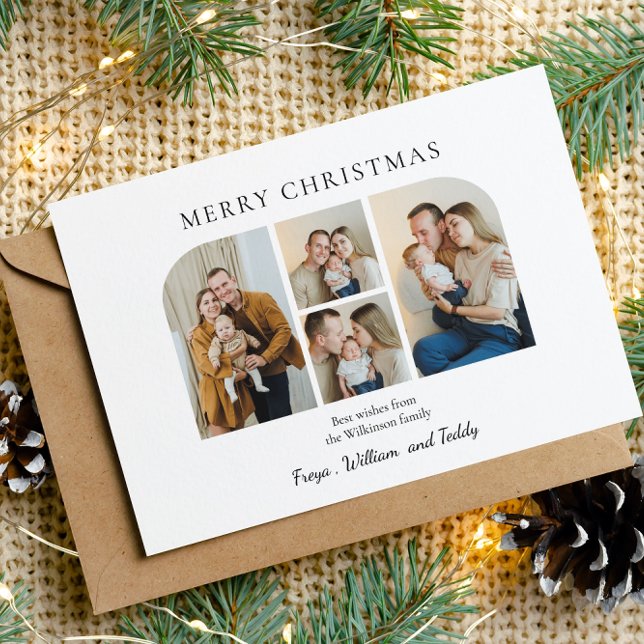 Christmas four family  photo minimlist  green  holiday card (modern four photo collage christmas card  add your family photos , fully editable )