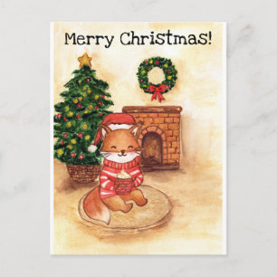Christmas fox by the fireplace holiday postcard