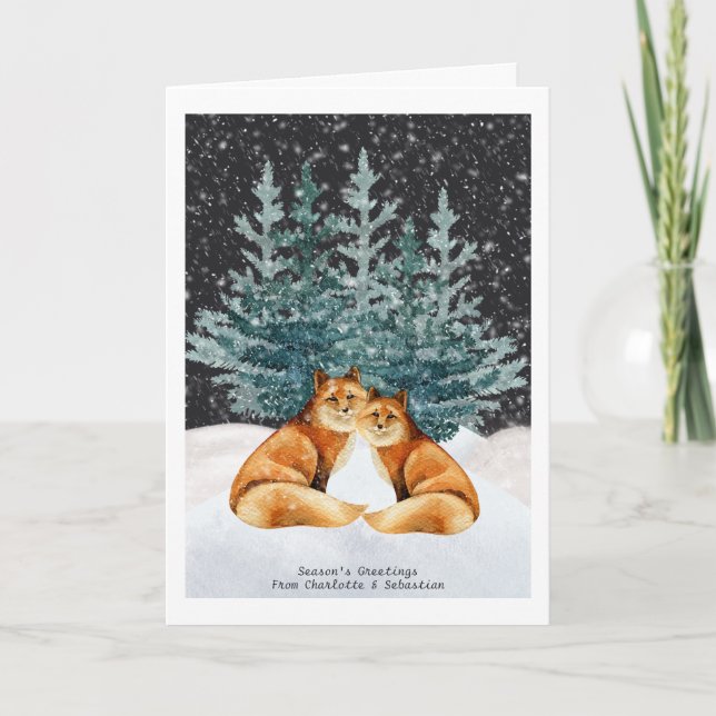 Christmas Fox Couple With Tree And Snow Watercolor Card (Front)