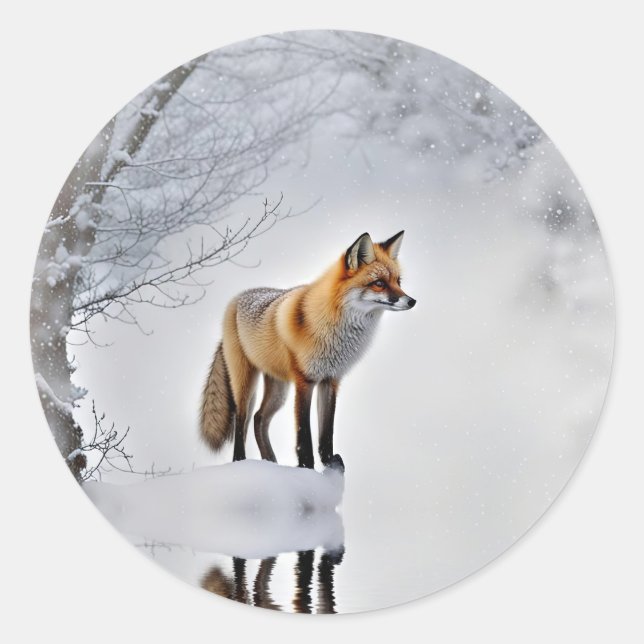 Christmas Fox in the Snow Holiday Classic Round Sticker (Front)