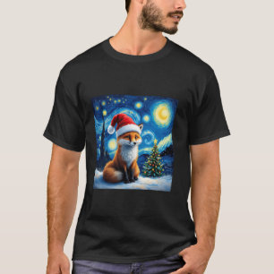 Christmas Fox Santa Hat Van Gogh Starry Night Holi T-Shirt