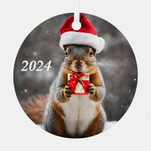 Christmas Fox Squirrel with a Santa Hat Metal Ornament