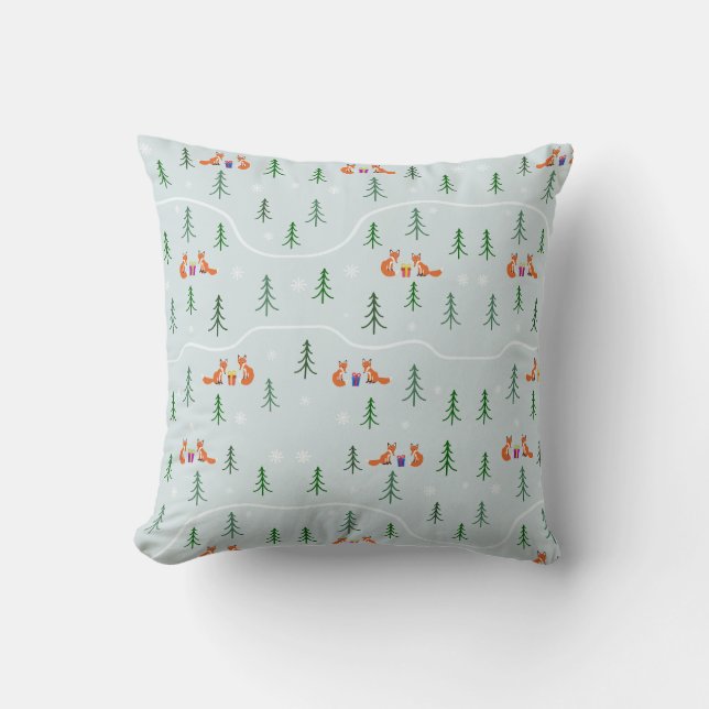 Christmas foxes in snowy forest with presents throw pillow (Front)