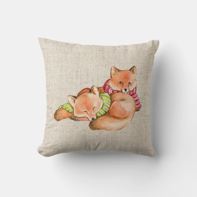 christmas foxes linen look pillow cushion (Front)