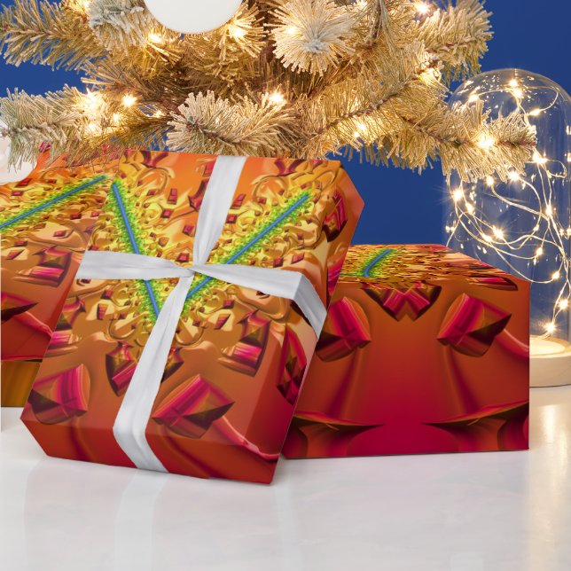 CHRISTMAS ~ Fractal Pattern Gold Green Red ~  Wrapping Paper (Holidays)