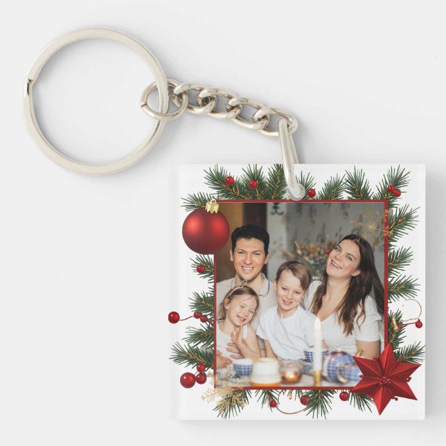Christmas Frame with Red Star  Photo Family 2026 Keychain (Front)