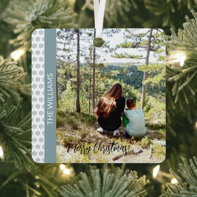 Christmas Framed Photo Snowflakes White Blue Metal Ornament (Insitu)