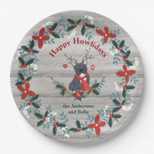 Christmas French Bull  Dog Antlers Rustic Greenery Paper Plate