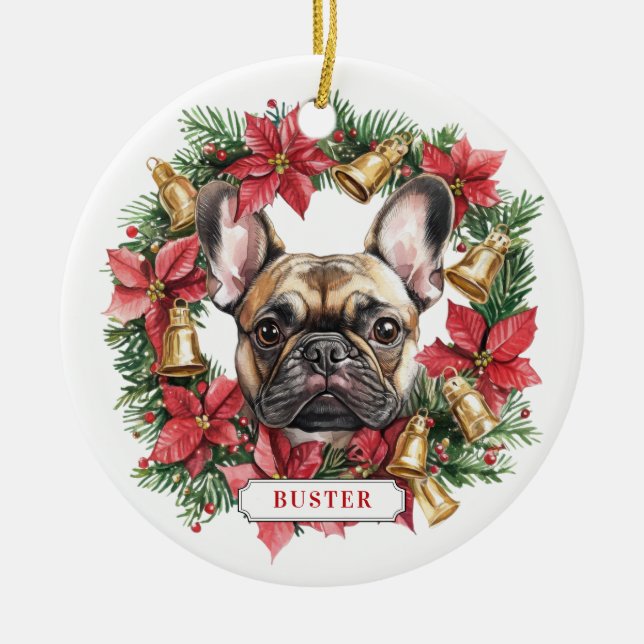 Christmas French Bulldog Ceramic Circle Ornament (Front)