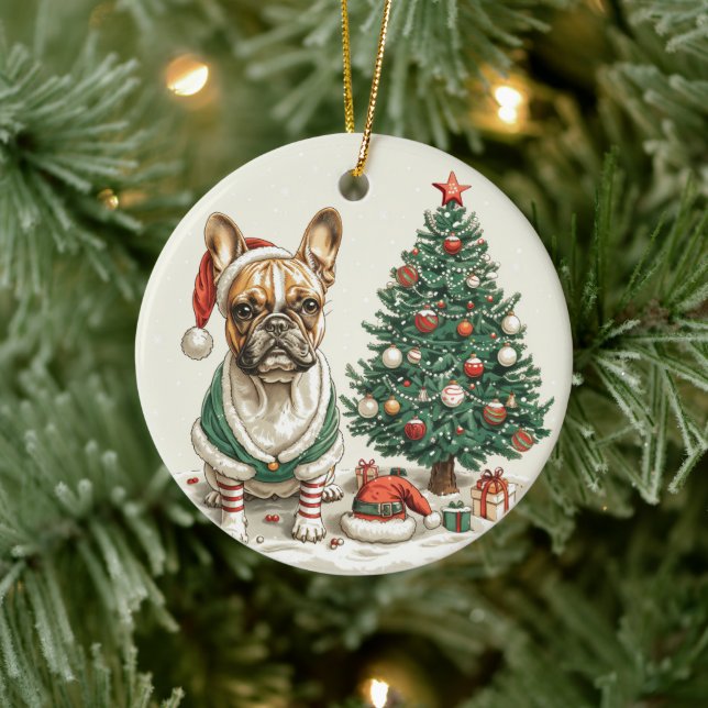 Christmas French Bulldog Elf Dog Ceramic Ornament (Tree)