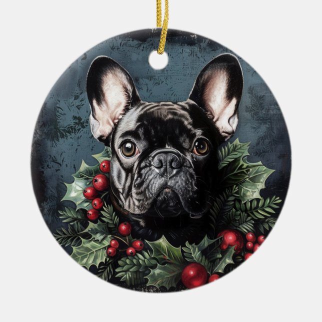 Christmas French Bulldog Holly Ceramic Ornament (Front)