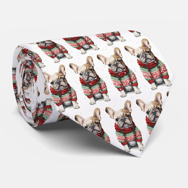 Christmas French Bulldog In Snowflakes Tie (Rolled)