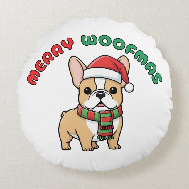 Christmas French Bulldog: Merry Woofmas Round Pillow (Front)