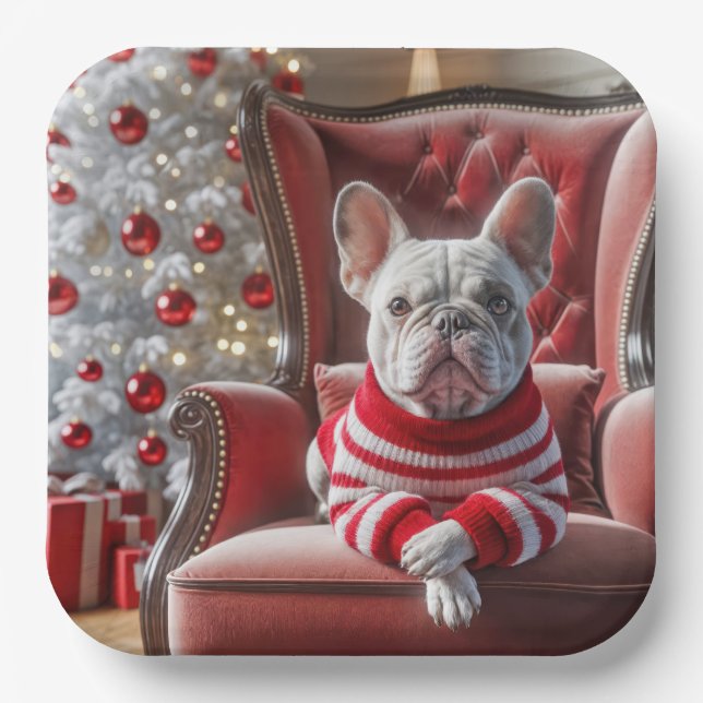 Christmas French Bulldog On a Chair Paper Plate (Front)