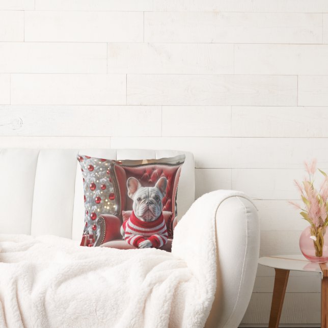 Christmas French Bulldog On a Chair Throw Pillow (Couch)