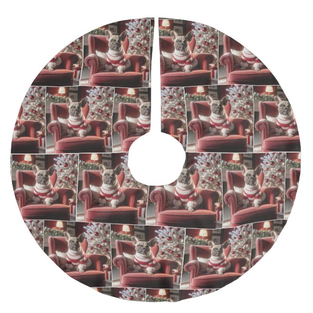 Christmas French Bulldog On a Red Chair Brushed Polyester Tree Skirt (Front)