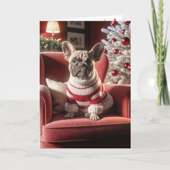 Christmas French Bulldog On a Red Chair Card (Front)