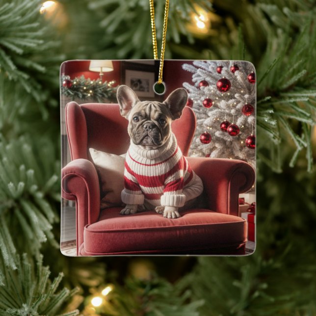 Christmas French Bulldog On a Red Chair Ceramic Ornament (Tree)
