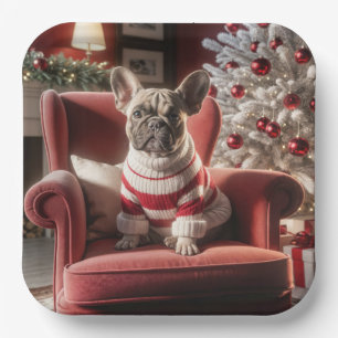 Christmas French Bulldog On a Red Chair Paper Plate
