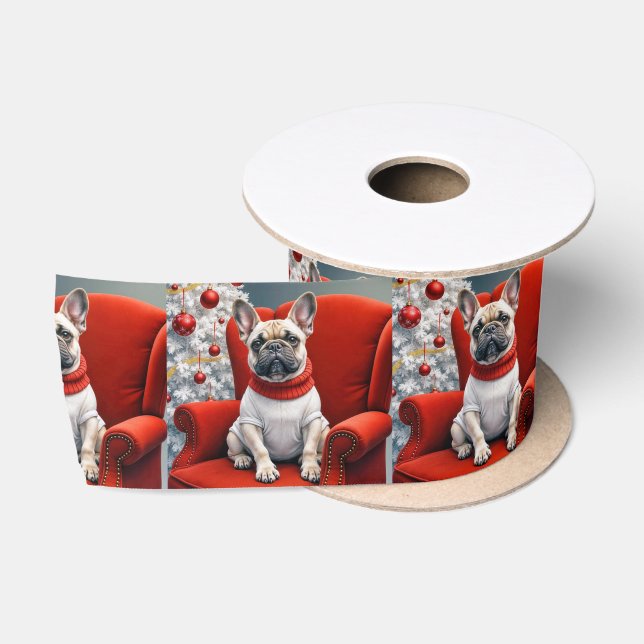 Christmas French Bulldog On a Red Chair Satin Ribbon (Spool)