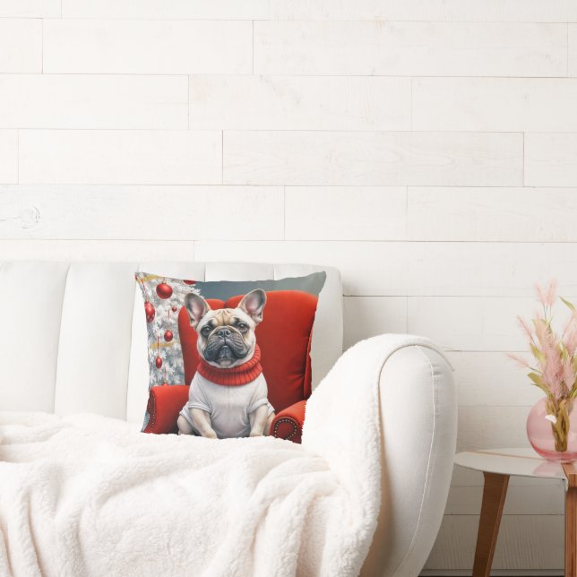 Christmas French Bulldog On a Red Chair Throw Pillow (Couch)